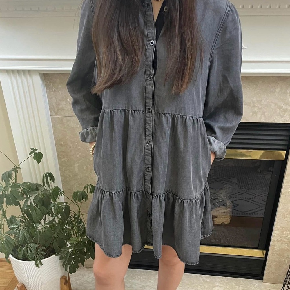 Serra Washed Black Tiered Button-Down Mini Dress